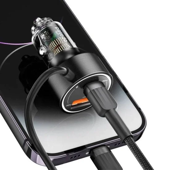 Porodo 60W Transparent Dual Port Car Charger PD 30W QC 18W with Coil- Black
